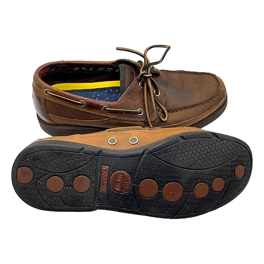 Timberland Brown Leather Boat Shoes Mens Lace Up Moc Toe Casual Deck Loafers